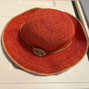 Talbots Orange Straw Sun Hat with Flower Accent